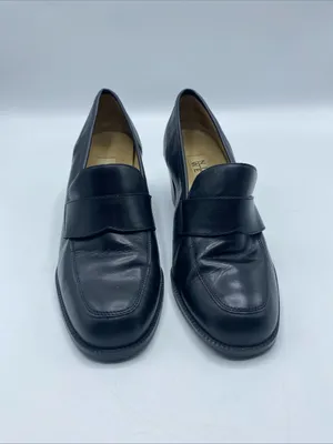 Vintage Womens Black Leather Heeled Loafers 7.5 Nine West Preppy Y2K thumbnail 7