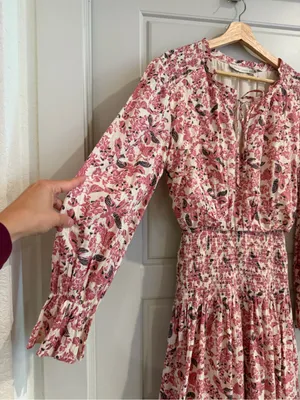 Tie-Neck Smocked Waist Mini Dress Pink Floral Size Medium‎ thumbnail 3