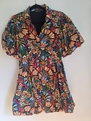 Olivaceous Cotton Floral Bubble Sleeve Bubble Hem Mini Dress. thumbnail 1