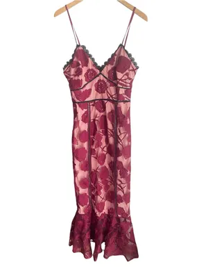 Lulus Alluring Dream Burgundy Floral Mesh Lace Trumpet Midi Dress thumbnail 4