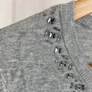 Ann Taylor Gray Rhinestone Collar Trim Button Down 3/4 Sleeve Cardigan Sweater S thumbnail 5