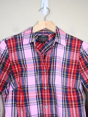 J. Crew Women's Slim Fit Stretch Perfect Pink Stewart Tartan Organic Cotton Top thumbnail 3