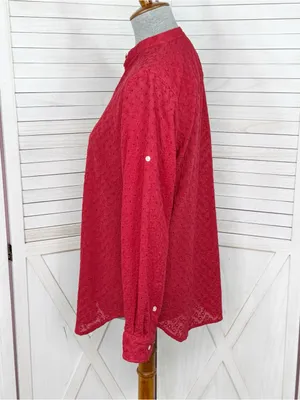 Lauren Ralph Lauren Eyelet Button Up Tunic Shirt Red Small Cottage Preppy Cotton thumbnail 2