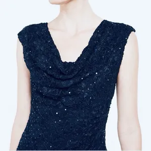 Ralph Lauren Navy Blue Sequin Lace Cowl Neck‎ Sheath Sleeveless Dress Size 10 thumbnail 3
