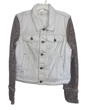 Free People White Distressed Denim Jacket Knit Sleeves Indie Sleaze Crop M thumbnail 1
