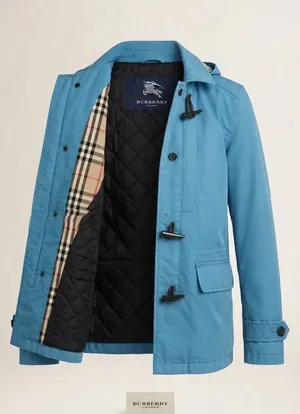 Burberry Toggle Coat Women 12 Blue Hooded Wool Liner Jacket Classic Luxury thumbnail 1