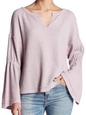 Free People Dahlia thermal boho raw hem relaxed oversized bell sleeve top NWT S thumbnail 1