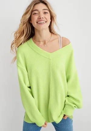 Aerie Wonder Textured V-Neck Sweatshirt Green Glow Oversized Loungewear Neon thumbnail 1