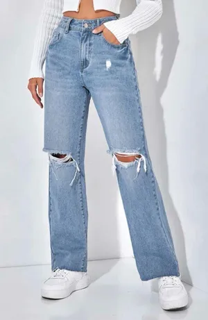 SheIn Petite Ripped Straight Leg Jeans thumbnail 1