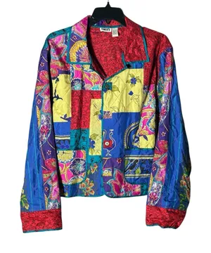 Vintage 100% Silk Patchwork Chicos Jacket Large (2) Pockets‎ Boho Rainbow #A4-1 thumbnail 1