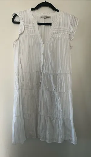 Loft White 100% Cotton Tiered Mini Dress Large Petite Ruffle Coastal Euro Summer thumbnail 1