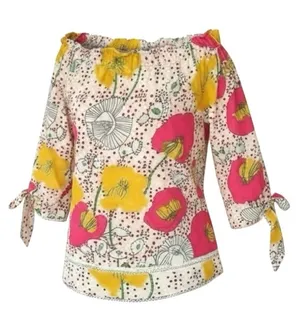 Trina Turk Katy Poppy Floral Off The Shoulder Silk Top Multicolor Medium thumbnail 1