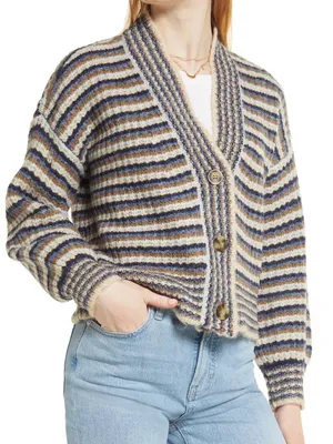 Madewell Waller Stripe Crop Cardigan Sweater Size XS Chunky Wool Blend Knit thumbnail 1