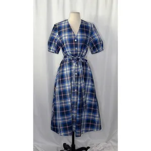 ZARA‎ Blue Plaid Taffeta Dress Belted Tie Waist Midi Buttondown Preppy Small thumbnail 2