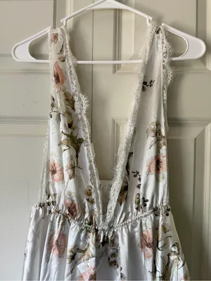 Floral Deep-V Satin Women’s Tank Top - White with Pink & Green Floral thumbnail 2