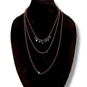 Long layered copper tone iridescent teal bead necklace thumbnail 1