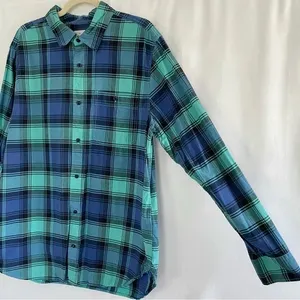 Gap Plaid Lived-In Cotton Long Sleeve Button Down Shirt Blue Aqua Size XL thumbnail 5