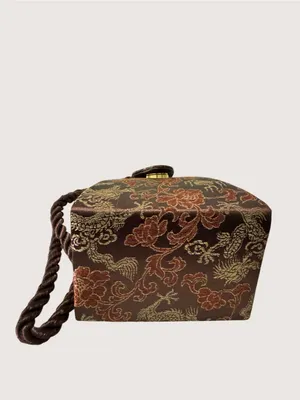 VTG Asian Brocade Dragon Knot Handle Handbag Brown Satin Mini Evening Bag Clutch thumbnail 6
