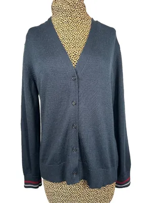 Brooks Brothers Large Womens Cardigan Striped Wrists Navy Blue V-Neck Wool Blend thumbnail 1