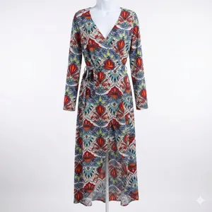 Norma Allen Collection Boho Abstract Print Faux Wrap Maxi Dress Large thumbnail 4