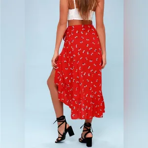 Billabong Dancing Till Dawn Red Floral Midi Wrap Skirt Size Medium thumbnail 4