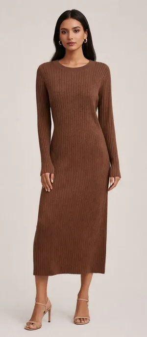 THE‎ DROP Ribbed Knit Bell Sleeve Midi Dress Brown Medium thumbnail 1