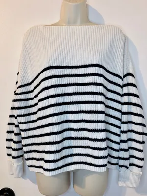 French Connection XS White Black Stripe Knit Boat Neck Sweater Cotton thumbnail 2