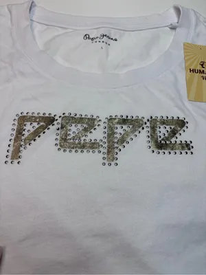 Pepe Jeans London Maggie White Tee with Gold Metallic Logo and Silver Studs NWOT thumbnail 1