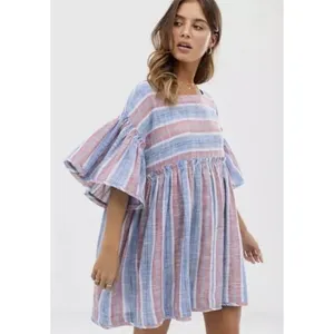 Free People Summer Nights‎ Striped Babydoll Mini Dress Blue Red Small OB898561 thumbnail 3