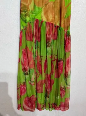 Green Floral Strapless Backless Sheer Mesh Side Slit Maxi Dress Sz S thumbnail 4
