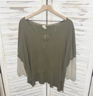 FREE PEOPLE Women's Small Star Oversized Henley Top Army Green Boho Distressed thumbnail 3