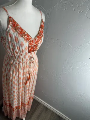 Me 2 Magic Boho Maxi Dress Orange White Embroidered V-Neck Fringe. thumbnail 4