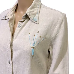 Bahar Linen 3 Quarter Sleeve Button Up Tapered Beaded Shirt Dress Womens 2 thumbnail 4
