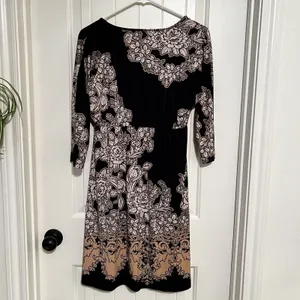 Soma Women’s Round Neck 3/4 Sleeve Knee Length Dress Small Black Cream Floral thumbnail 3