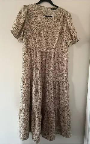 PRETTYGARDEN NWT Beige Brown Leopard Print Puff Sleeve Midi Dress Medium Romantic Modest thumbnail 1