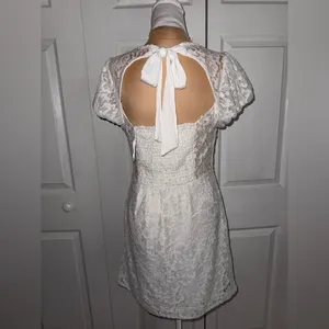 New Free People Hailee Lace Mini Tie Back Puffed Sleeves Dress White Sz M‎ thumbnail 4