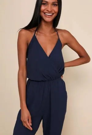 Lulus Learning to Fly Navy Blue Halter Jumpsuit size medium NWT thumbnail 13