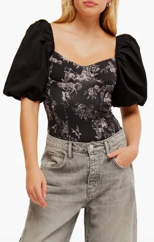 Free People Prarie Rose Puff Sleeve Bodysuit Black Coquette Romantic Large NWT thumbnail 1