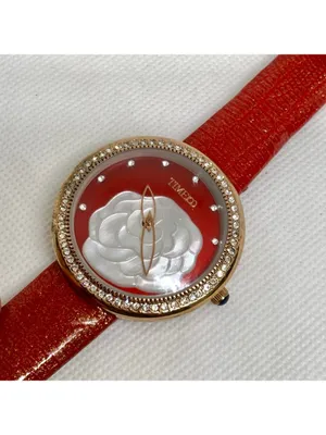 Timeco women’s watch floral dial rose gold tone 40mm red leather band running thumbnail 2