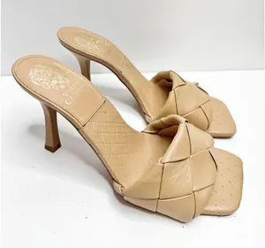 Vince Camuto Sandals Womens Size 8 Tan Leather Square Toe Slip On Woven Heels‎ thumbnail 1