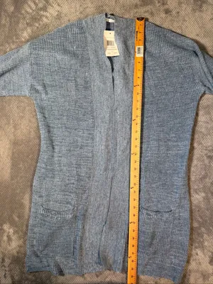Linda Matthews Open Front Knit Cardigan Light Blue Large NWT Longline Pockets thumbnail 6