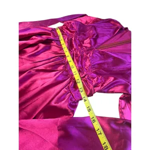 Magenta Pink Satin‎ Long Sleeve Ruched V-Neck Mini Dress S/M thumbnail 4