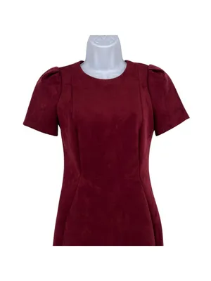 Calvin Klein Burgundy Faux Suede Sheath Dress Short Sleeve Gold Back Zip Size 2 thumbnail 2