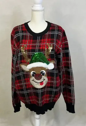 Happy Holidays Urban Heritage Women's‎ XL Ugly Christmas Sweater Plaid Reindeer thumbnail 1
