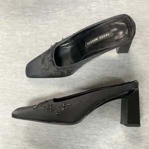 Vintage Sesto Meucci Black Satin‎ Beaded Embellished Mule Heels Sz 7 M Old Money thumbnail 2