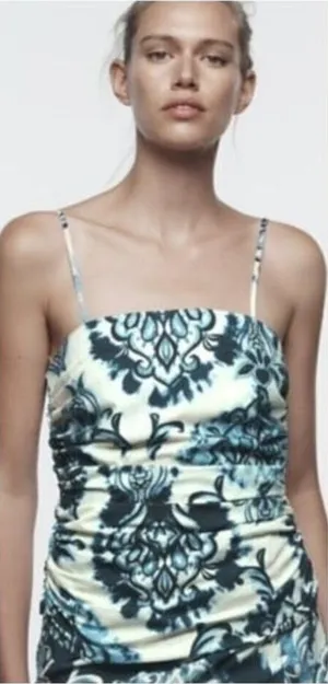 NWT Zara XS Floral Printed Ruched Cami‎ Tank Top Y2K Inspired THE OC White Blue thumbnail 1