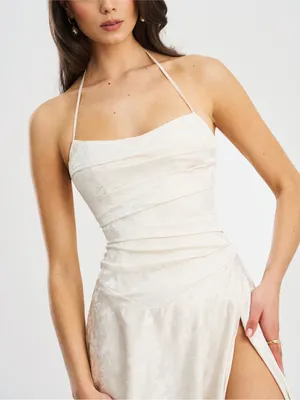 NWT Miss Circle Raegan Pearl White Jacquard Ruched Maxi Dress M thumbnail 2