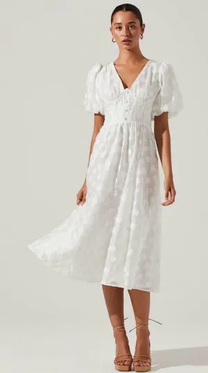 ASTR THE LABEL Sandy White Burnout Polka Dot Puff Sleeve Midi Dress Size S thumbnail 1
