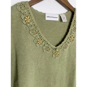 Alfred Dunner VTG Green Crochet Beaded Floral Sweater Top Coastal Grandmacore Cottage Boho 70s thumbnail 3