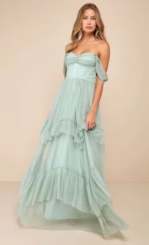 NWT Lulus Stunning Personality Sage Green Mesh Off-the-Shoulder Maxi Dress Sz XS thumbnail 1